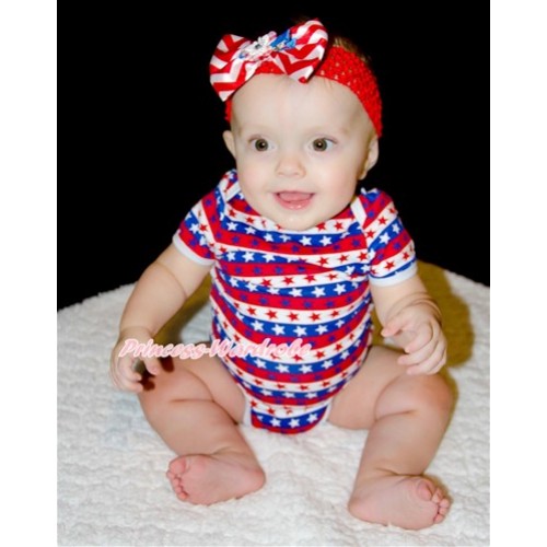 Red White Blue Striped Stars Baby Jumpsuit with Red Headband Red White Wave Satin Bow TH407 